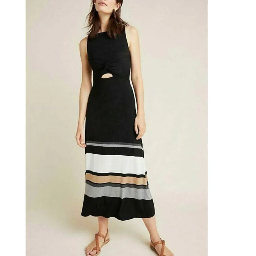 anthropologie jersey dress Maxi Medium Black Sleeveless Stripe Stretch BAILEY 44 singlebottoms